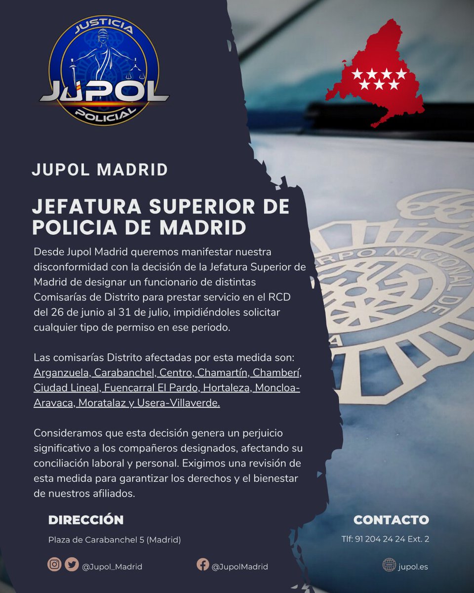Jupol_Madrid's tweet photo. 📢Desde Jupol Madrid manifestamos nuestra total disconformidad con la decisión de la Jef. Sup. de Madrid de designar un funcionario de distintas Com. Distrito para prestar servicio en el RCD del 26/06 al 31/07, sin posibilidad de solicitar ningún tipo de permiso en ese tiempo❌👮‍♂️ https://t.co/NvggSkXOio