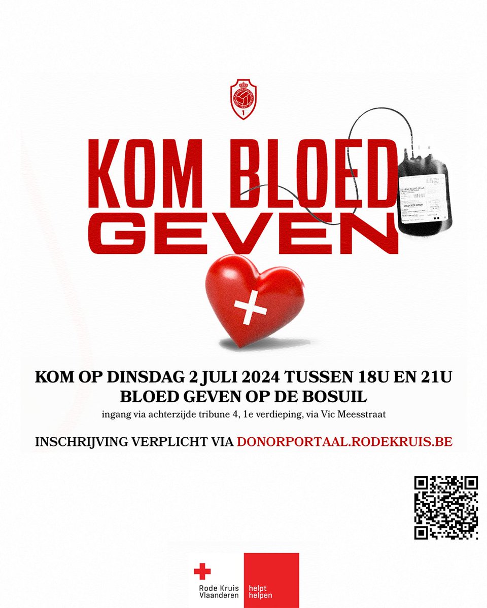 Zet je Rood-Wit hart aan het werk! ❤️🤍

Op dinsdag 2 juli organiseert RAFC in samenwerking met het Rode Kruis een nieuwe bloedinzamelactie! 🩺

Alle praktische informatie vind je hier!
➡️ rafc.be/nieuws/bloedin…

Inschrijven via het donorportaal
➡️ donorportaal.rodekruis.be/collection/det…