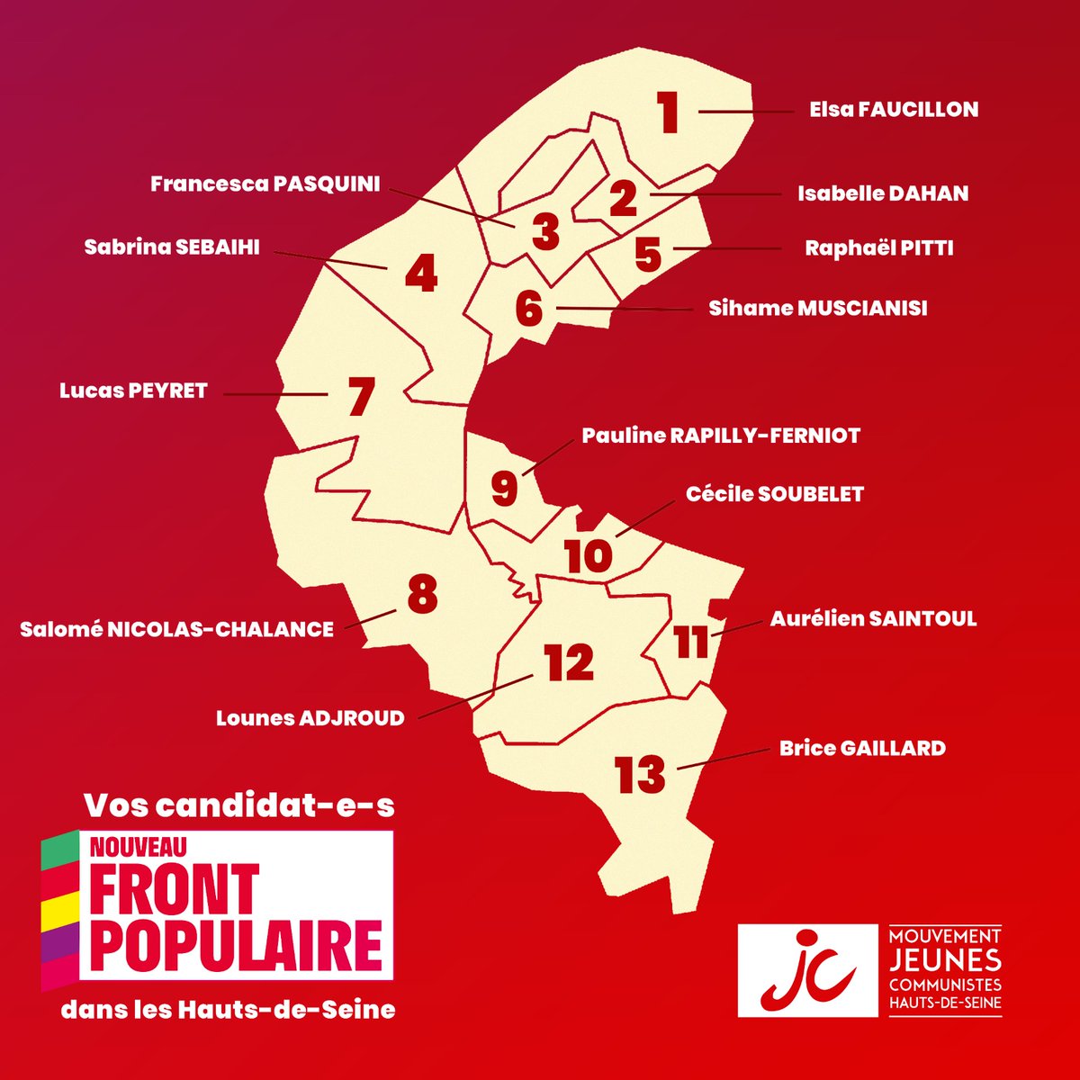 La carte des candidat·e·s du nouveau Front Populaire dans les Hauts-de-Seine. 
Les 30 juin et 7 juillet, un seul bulletin, celui du front pop ! ✊
#FrontPopulaire