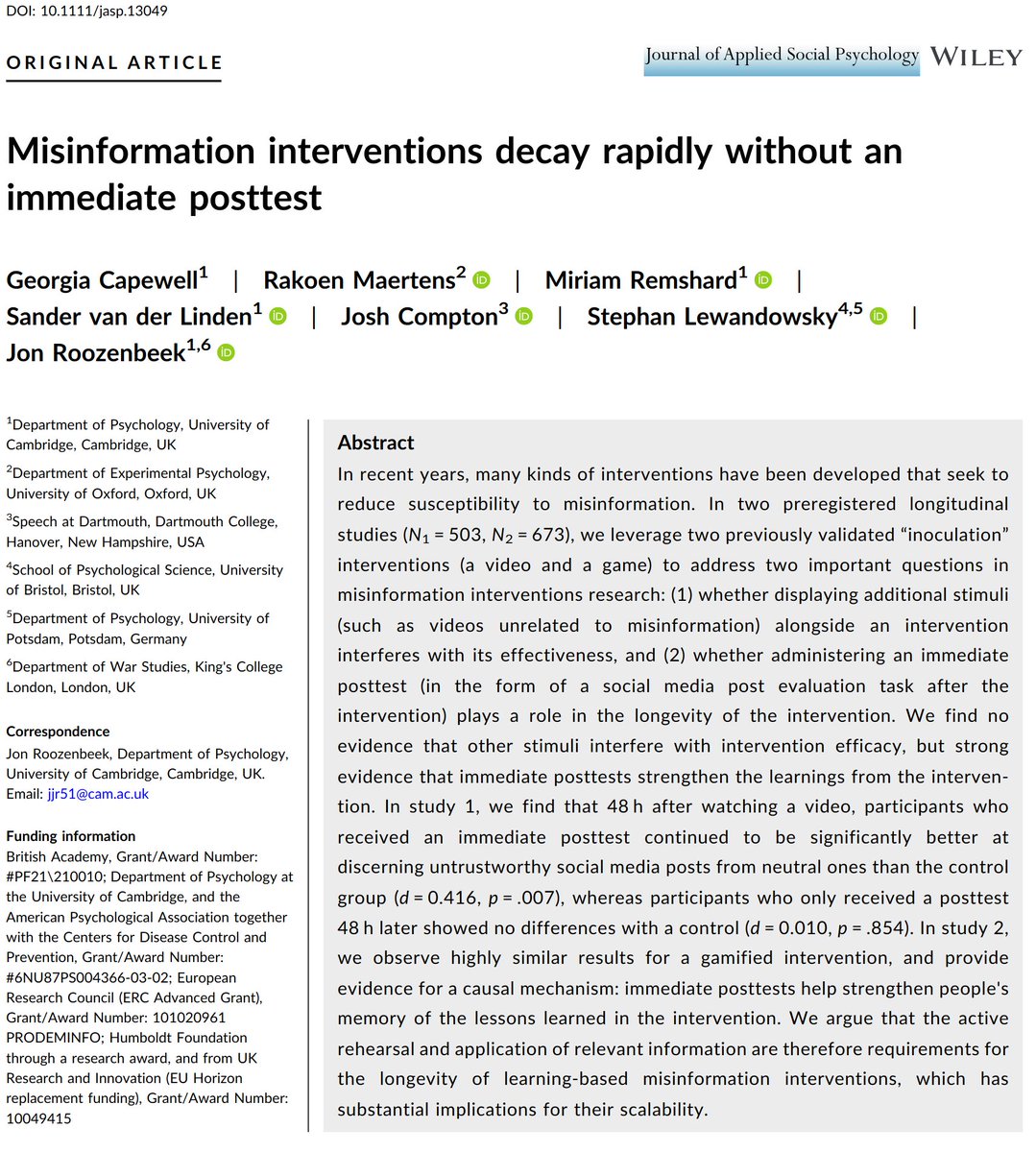 Rakoen Maertens (@rakoenmaertens) on Twitter photo New publication in Journal of Applied Social Psychology
"Misinformation interventions decay rapidly without an
immediate posttest"
doi.org/10.1111/jasp.1…
Key finding:
* Misinformation detection trainings need to integrate a "testing phase"
* Otherwise: rapid decay
(1/6) New publication in Journal of Applied Social Psychology
"Misinformation interventions decay rapidly without an
immediate posttest"
doi.org/10.1111/jasp.1…
Key finding:
* Misinformation detection trainings need to integrate a "testing phase"
* Otherwise: rapid decay
(1/6)