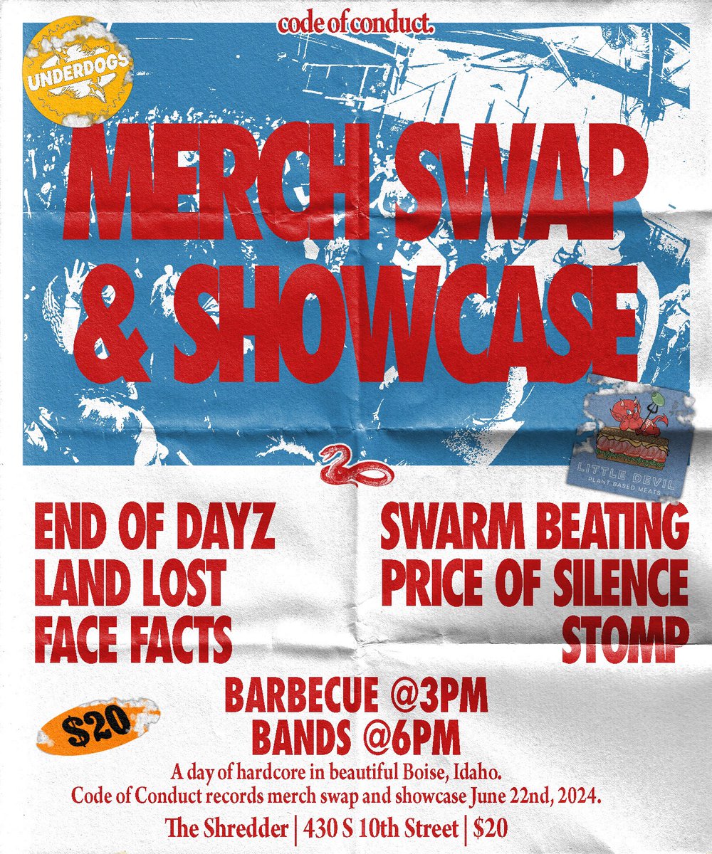 ‼️‼️TOMORROW‼️‼️

MERCH SWAP, BBQ, AND SHOWCASE! 

END OF DAYZ, LAND LOST, FACE FACTS, SWARM BEATING, PRICE OF SILENCE, STOMP

Merch Swap &amp; BBQ: 3PM 
Bands: 6PM 

June 22 | The Shredder | $20 | 3PM / 6PM | Vegan Options Available 

Ticket link: eventbrite.com/e/913538818197…