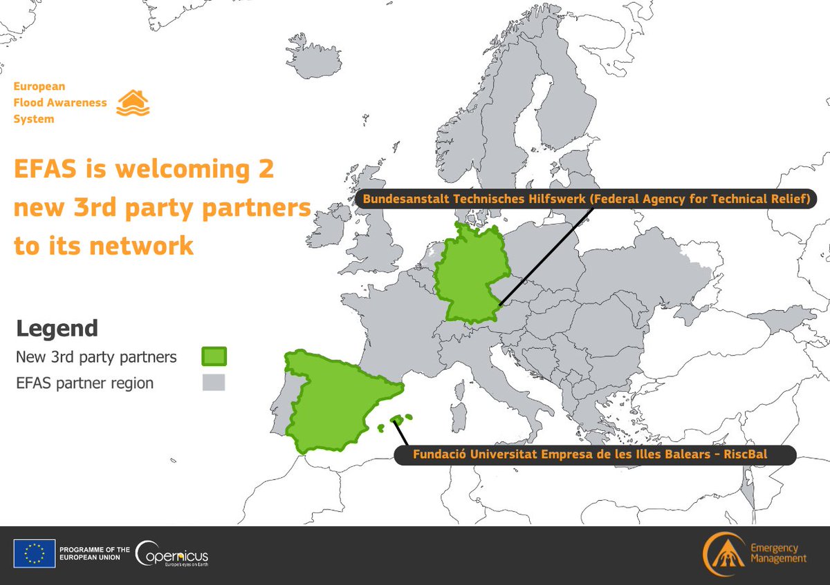 Our European Flood Awareness System #EFAS🌊 has welcomed 2⃣ new third-party partners to its network!

➡️Fundació Universitat Empresa de les Illes Balears - RiscBal (<a href="/RiscBal/">RiscBal</a>)🇪🇸

➡️Federal Agency for Technical Relief (<a href="/THWLeitung/">Bundesanstalt THW</a>) - Virtual Operations Support Team (<a href="/VOST_de/">VOST Germany</a>)🇩🇪