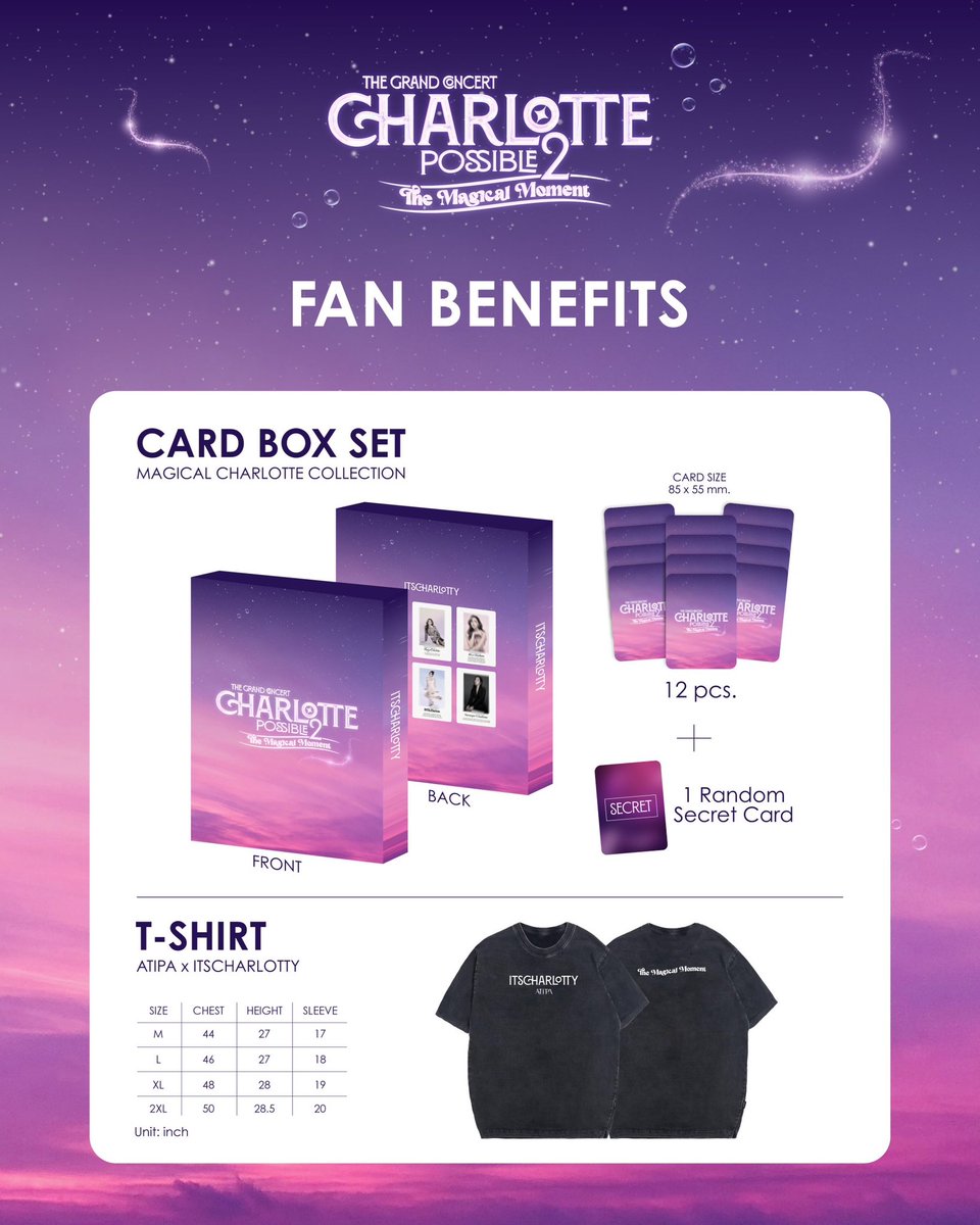 พบกับรอยยิ้ม เสียงร้อง กับช่วงเวลาต้องมนต์ใน The Grand Concert Charlotte Possible 2 𝗧𝗵𝗲 𝗠𝗮𝗴𝗶𝗰𝗮𝗹 𝗠𝗼𝗺𝗲𝗻𝘁 🪄 *:･ﾟ✧* ･ﾟ

วันที่: 17 สิงหาคม 2567 
สถานที่: MGI HALL ชั้น 6 ศูนย์การค้า BRAVO BKK 
ราคาบัตร: 10,000 | 3,500 | 2,500 | 1,500 

เปิดจำหน่ายบัตร 1