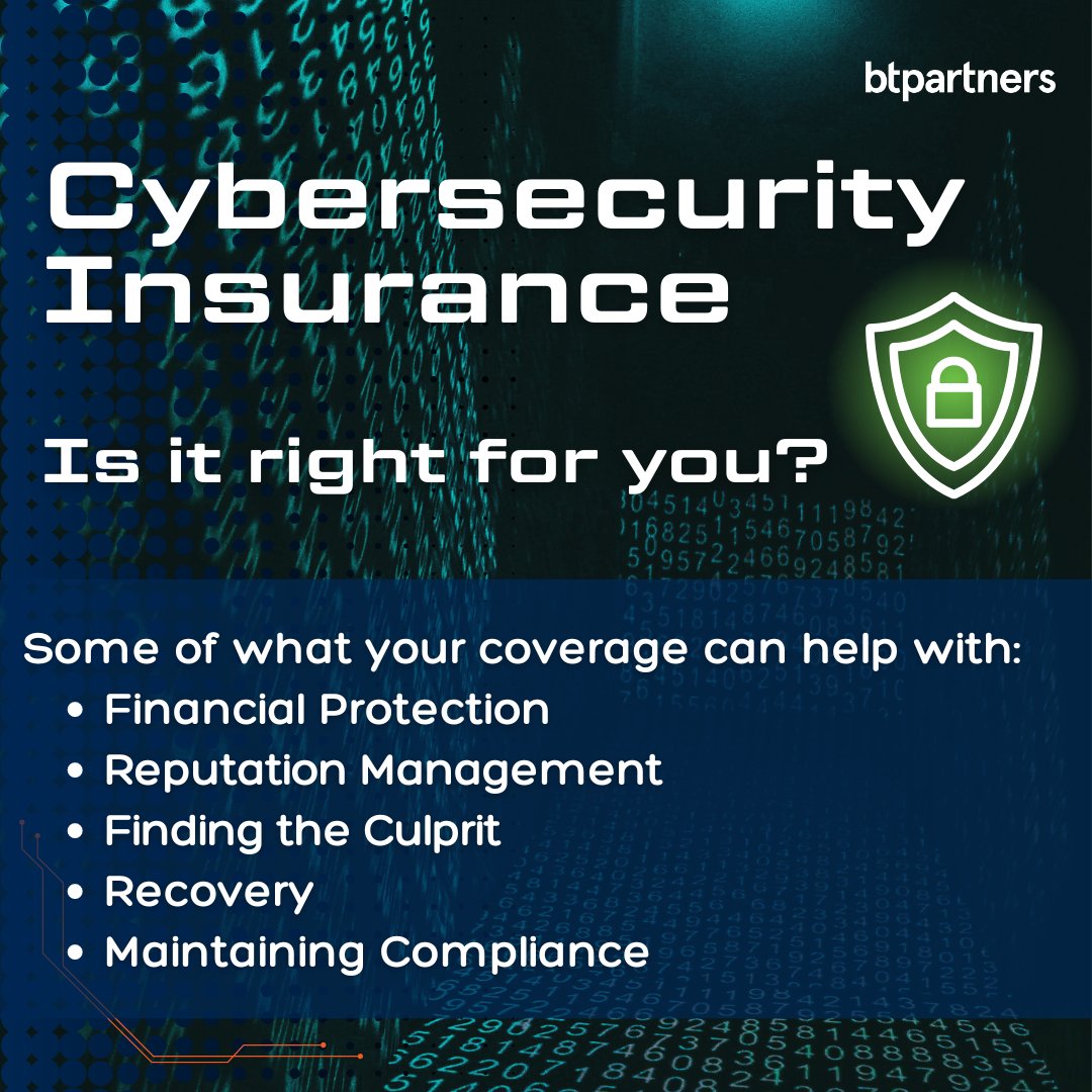 btpartners's tweet image. Wondering if #CyberSecurityInsurance fits your needs? As threats evolve in frequency &amp;amp; sophistication, understanding your options, including #CyberSecurity insurance, is key to protecting yourself &amp;amp; your business.

btpartners.com/technology-blo… 

#DataProtection #ManagedITServices