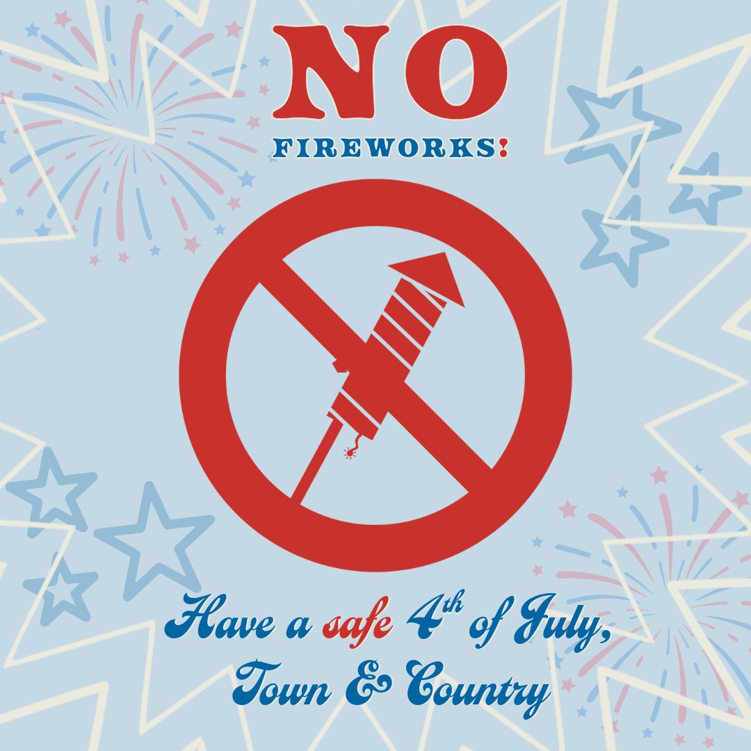 🎆 4th of July Reminder: Fireworks are prohibited in Town &amp; Country! 🎆 Celebrate safely with family-friendly activities and enjoy professional displays nearby. Have a safe and happy 4th! More info: ecode360.com/27969097#TownA… #FireSafety #4thofJulySafety