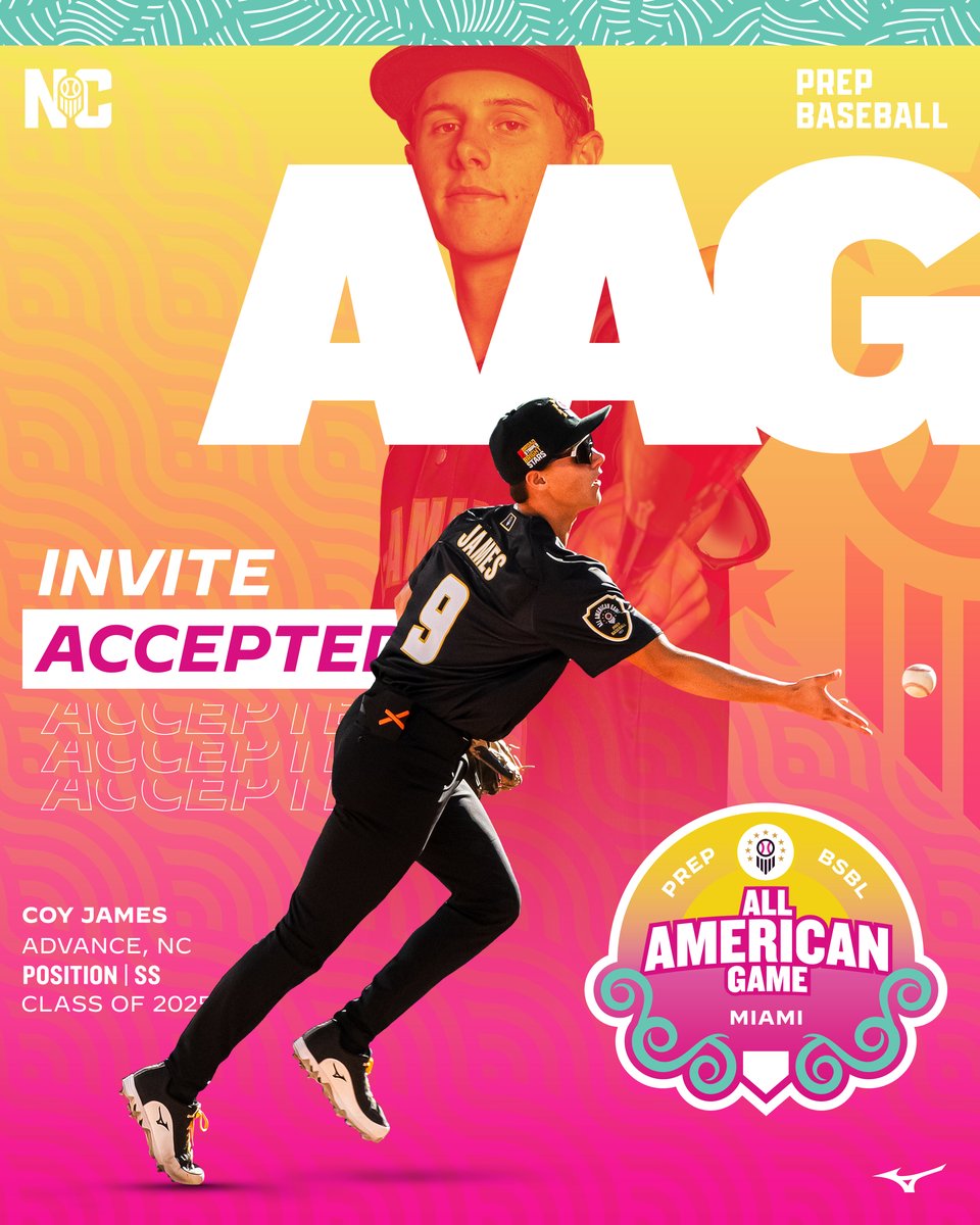 Prep Baseball (@prepbaseball) on Twitter photo 𝗔𝗱𝘃𝗮𝗻𝗰𝗲, 𝗡𝗖 ➡️ 𝗧𝗵𝗲 𝟯𝟬𝟱 🏝️
The #4 ranked player in the 2025 class, <a href="/CoyJames10/">Coy.James10</a> (<a href="/DavieAthletics/">Davie Athletics</a> / <a href="/OleMissBSB/">Ole Miss Baseball</a>) is #LockedIn & ready to run it back for year ✌️‼️
The entire top 5 in the '25 class will be in Miami for #PBAAG24 👀
<a href="/PrepBaseballNC/">Prep Baseball North Carolina</a> | <a href="/MizunoSportsUSA/">Mizuno Team Sports USA</a> 𝗔𝗱𝘃𝗮𝗻𝗰𝗲, 𝗡𝗖 ➡️ 𝗧𝗵𝗲 𝟯𝟬𝟱 🏝️
The #4 ranked player in the 2025 class, <a href="/CoyJames10/">Coy.James10</a> (<a href="/DavieAthletics/">Davie Athletics</a> / <a href="/OleMissBSB/">Ole Miss Baseball</a>) is #LockedIn & ready to run it back for year ✌️‼️
The entire top 5 in the '25 class will be in Miami for #PBAAG24 👀
<a href="/PrepBaseballNC/">Prep Baseball North Carolina</a> | <a href="/MizunoSportsUSA/">Mizuno Team Sports USA</a>