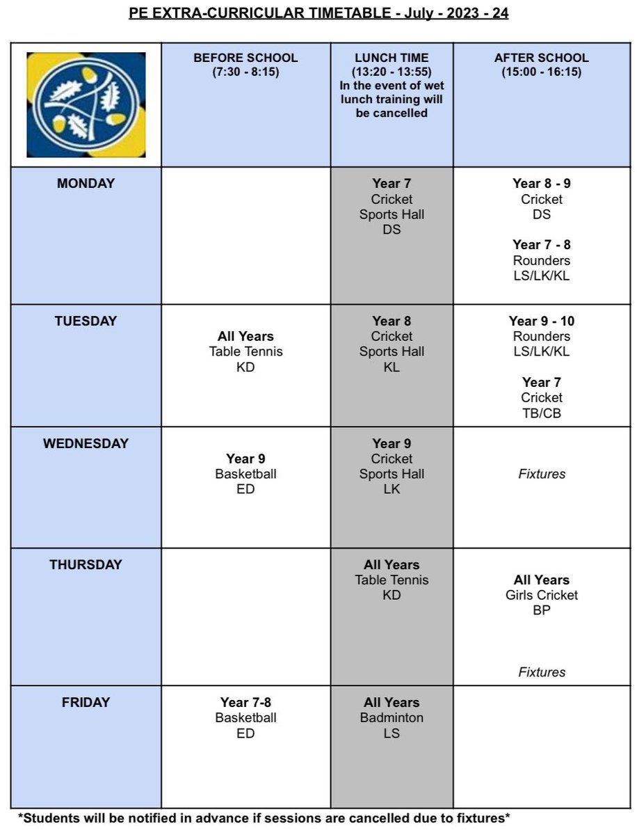 New Extra-curricular timetable 
- morning and lunch sessions will be back up and running from 1st July (due to exams)