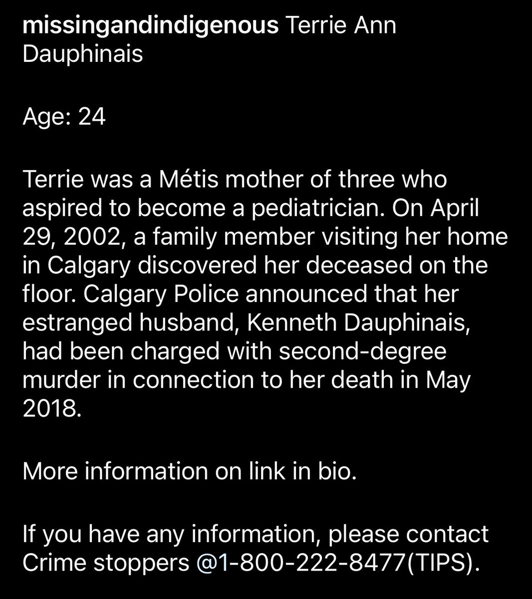 native_missing's tweet image. Terrie Ann Dauphinais
Age: 24
Terrie was discovered dead on April 29, 2002, in her home in Calgary. In May 2018, her estranged husband Kenneth Dauphinais was charged with the second-degree murder.
If you have info contact CrimeStoppers @1-800-222-8477(TIPS)
#metoo #mmiw