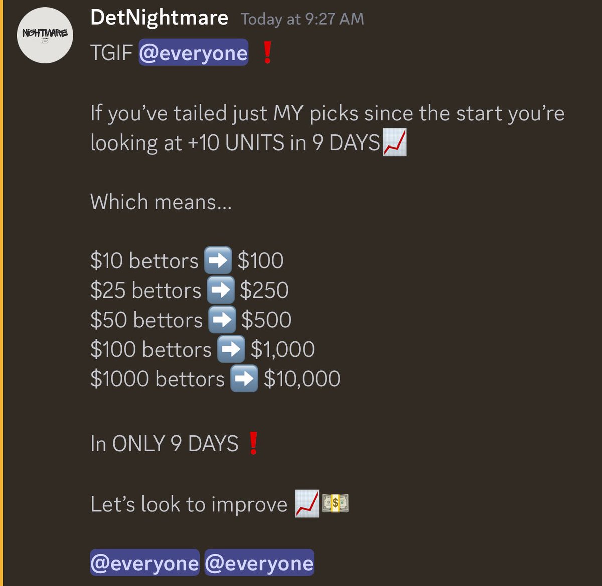 The results speak for themselves 💵

You will receive a 5 day free trial to start..

Join whop.com/nightmare-locks

#GAMBLINGX #Discord 🔒