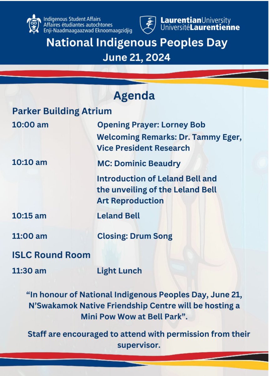 If you are on <a href="/LaurentianU/">Laurentian University - Université Laurentienne</a> campus today please join us for a National Indigenous Peoples Day event in the Parker Atrium.