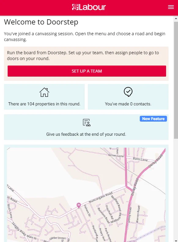 A screenshot of Labour's Doorstep application, featuring a map.