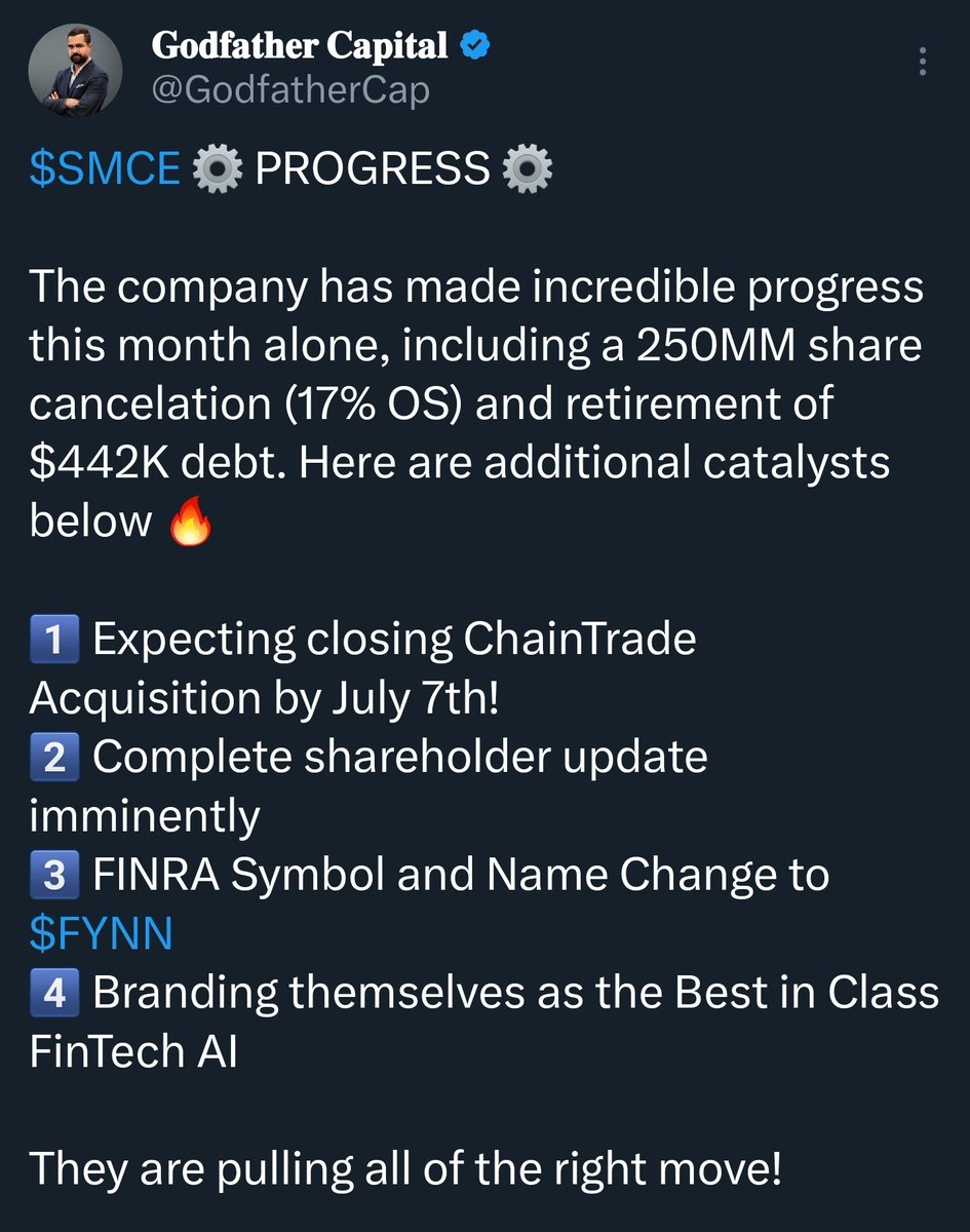 GodfatherCap's tweet photo. $SMCE 🗞 NEWS 🗞
SMC completed asset purchase of UK-registered ChainTrade LTD's AI-powered trading platform.
Closing was expected by July 7th, I'm glad we got it early. It's been a huge month for #SMCE 🔥 https://t.co/ZkE8GeRoIn