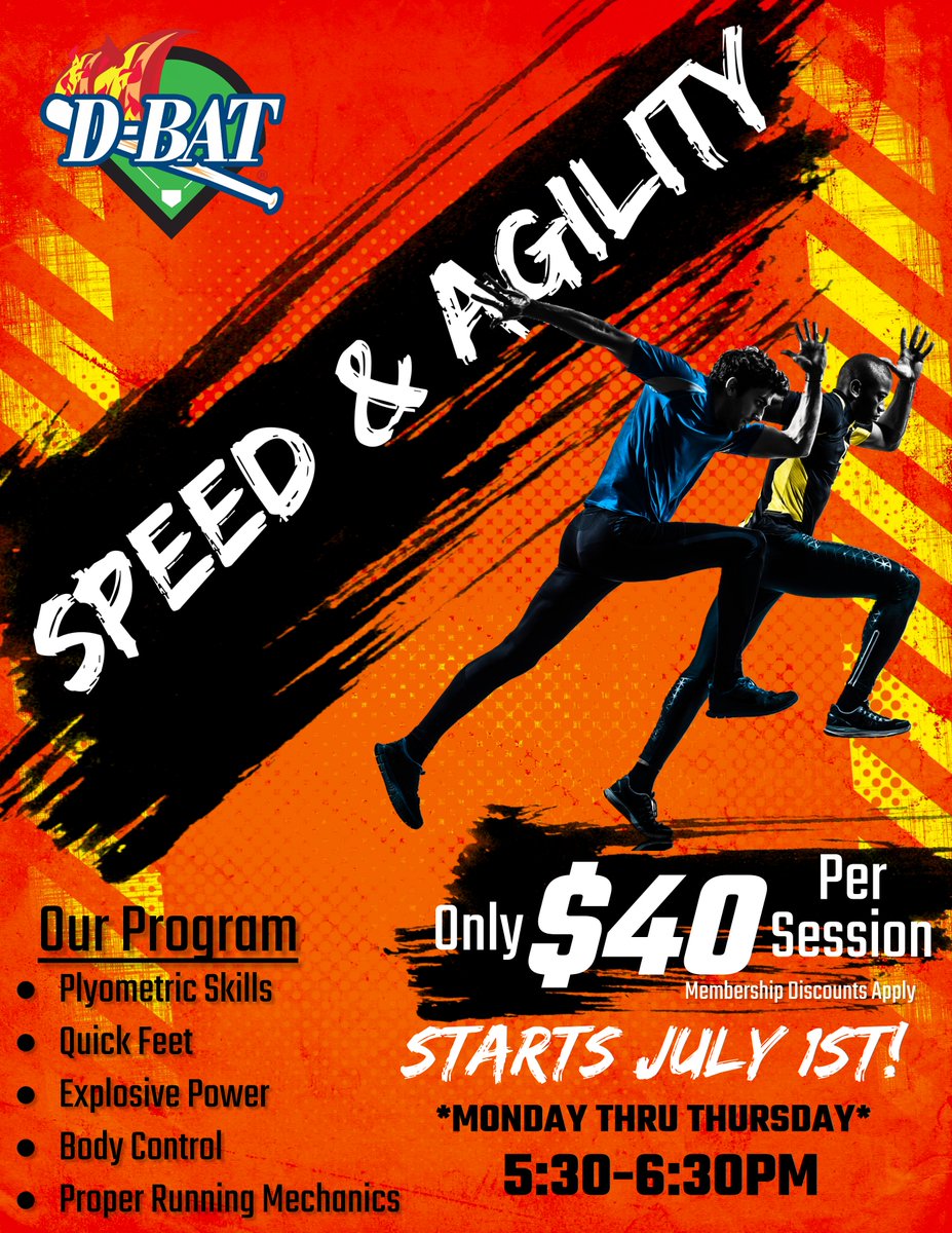 We are adding Speed and Agility Training every day from 5:30-6:30 for all ages!  You can pay per session or buy a package at the discounted rate.  Sign up today and get most of your athlete to dominate the competition! 
app.dbathub.com/customers/141-…