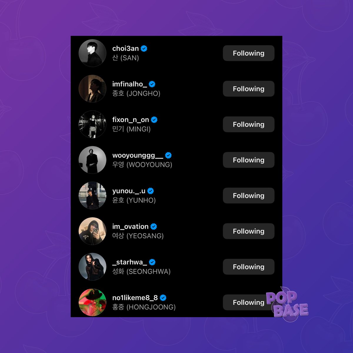 PopBase's tweet photo. All of ATEEZ now have an individual Instagram account. https://t.co/k8FrmAL90v