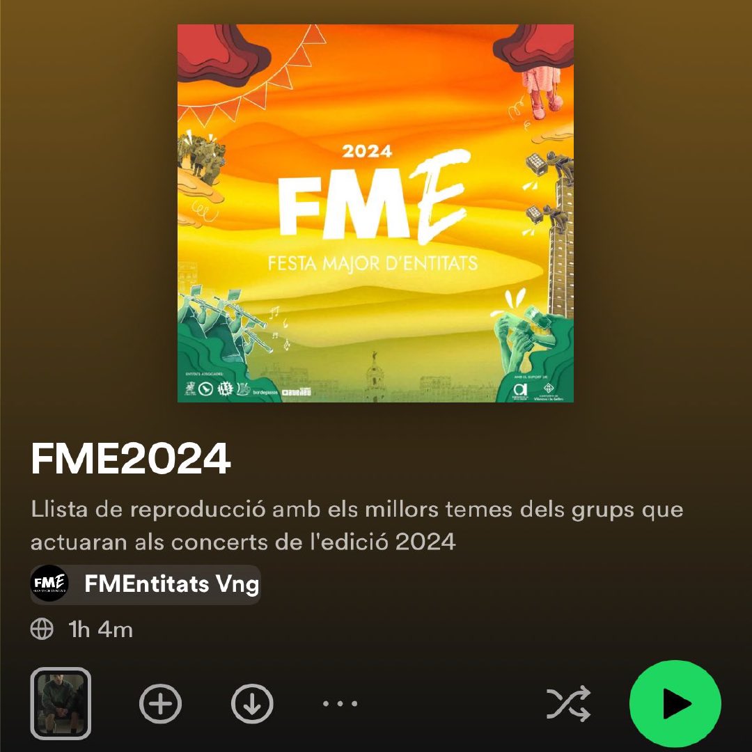 🎶 ESCOLTA LA FME!🎶

Us compartim la llista amb tot de temes que ens
faran vibrar aquesta FME perquè pugueu anar 
agafant ritme mentre esperem a ballar-les plegades! 

open.spotify.com/playlist/2VRhb…

#FME24 #festapopular #culturagratuïta
