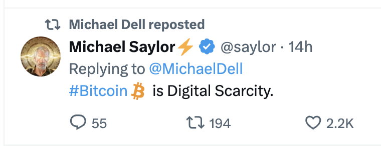 NEW: Dell Technologies CEO reposted Michael Saylor's comment saying #Bitcoin is digital scarcity 👀
