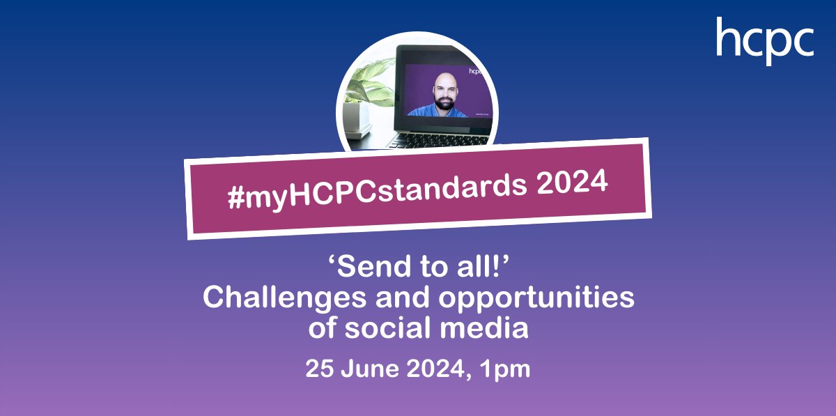 We're holding our webinar on social media for healthcare professionals next week!

It'll explore challenges, opportunities &amp; what the revised standards of conduct, performance and ethics say about responsible communication. 

Sign up  👉 hcpc-uk.org/myhcpcstandard…

#myHCPCstandards