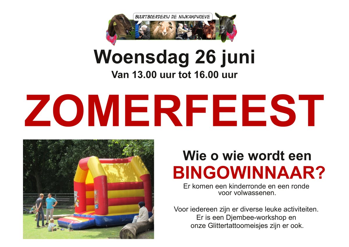 DeNijkamphoeve's tweet photo. Vandaag van 13.00 tot 16.00 uur ons jaarlijkse zomerfeest. Met o.a. #bingo, workshop #Djembé, #springkussen, spelletjes en kramen waar leuke en lekkere dingen worden verkocht. https://t.co/ZJAJQbapHL