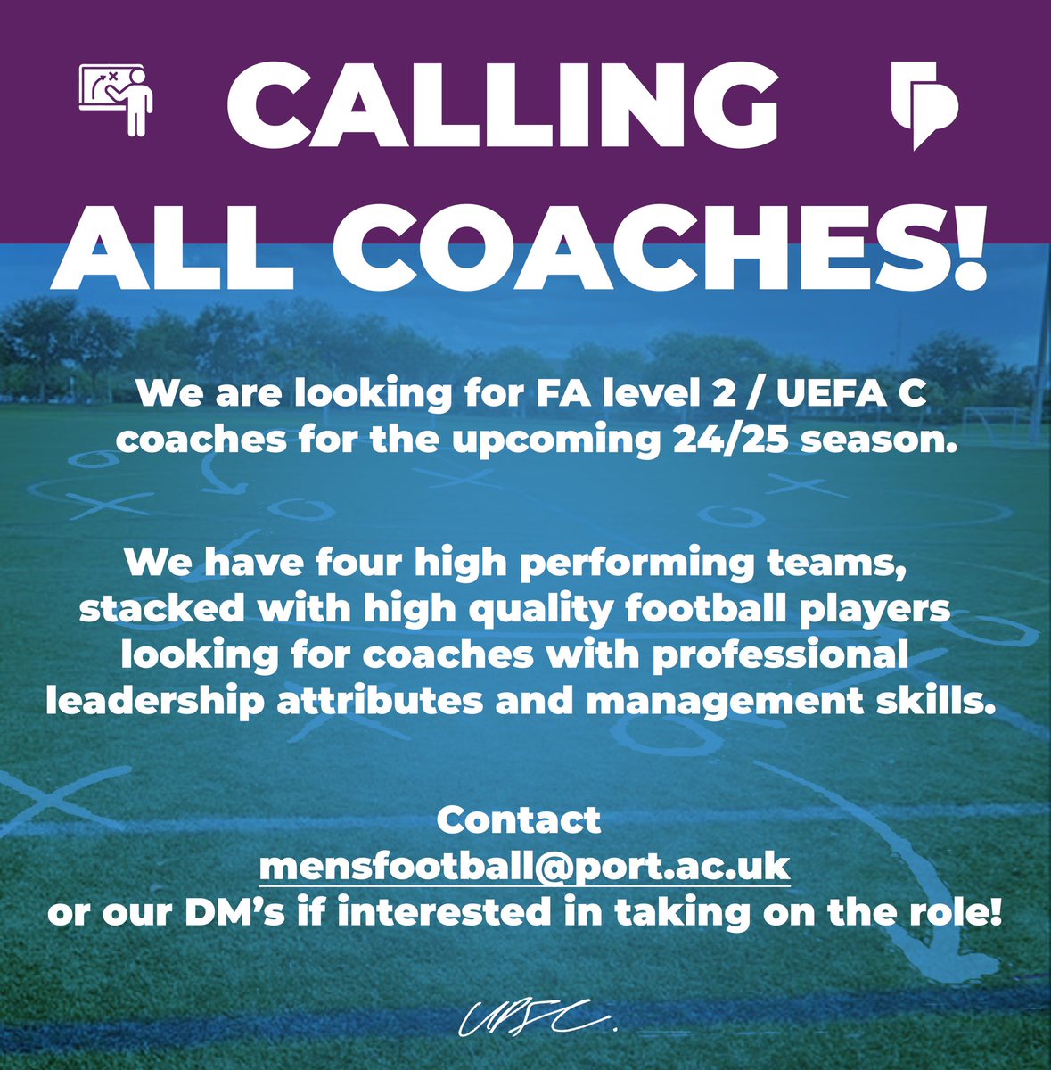 🚨We have a terrifc oppotunity to join our football club!🚨

We are looking for a qualified coach to join our coaching team and help progress our fantastic 2nd team who compete in the BUCS leagues.

For a full job description, please email the listed email below!