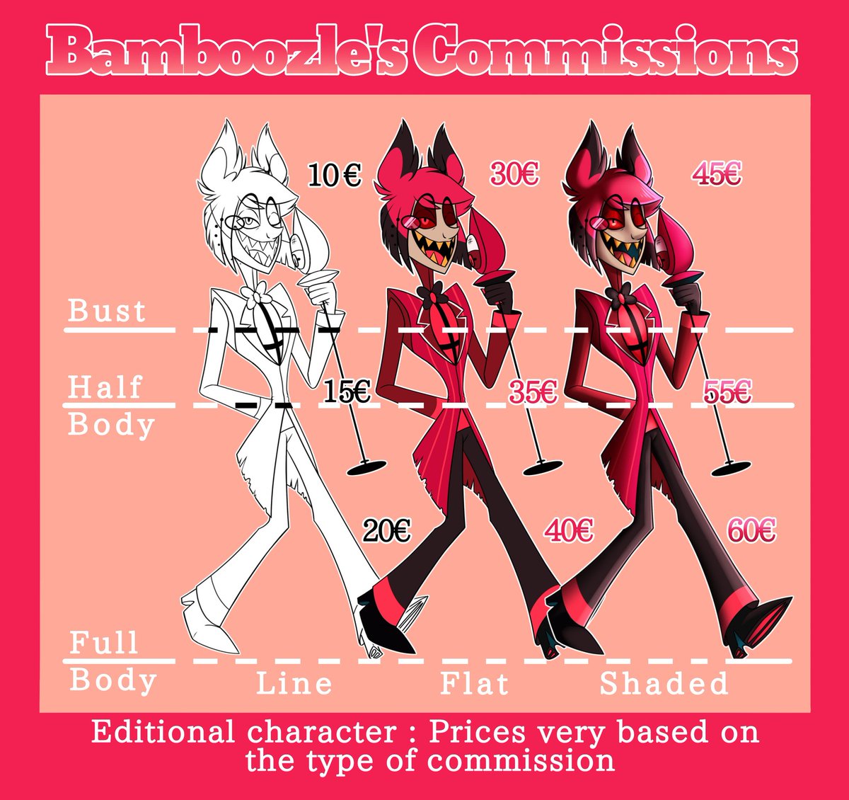 bamboozles_art's tweet photo. COMMISSIONS ARE OPEN AGAIN WITH AN UPDATED SHEET! 
3 SLOTS AVAILABLE!
Please massage me if you are interested or have any questions!

#Hazbinbinhotel #Hazbinbinhotelart #commissionsheet #commissions https://t.co/4D7jifZ8KF