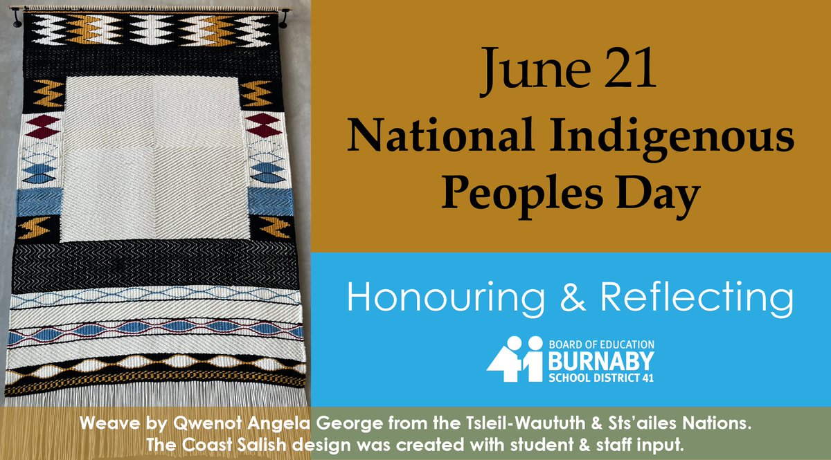 burnabyschools's tweet photo. It's #NationalIndigenousPeoplesDay – a day to reflect on the strength of Indigenous culture and celebrate the powerful contributions of Indigenous Peoples. This Coast Salish weave gifted by Angela George captures the #BurnabySchools learning journey and stories of the local land. https://t.co/5rI1h2KTx9