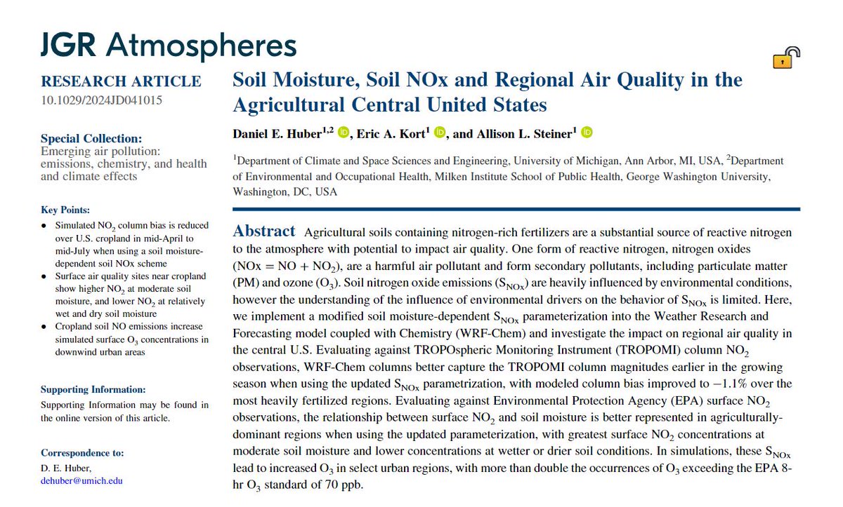 The final chapter of my Ph.D. is published! We show how the soil moisture vs. soil NOx relationship can help explain NO2 variability over Central U.S. cropland, with implications for rural to urban AQ.

Check out our publication at JGR: Atmospheres 👉 doi.org/10.1029/2024JD…