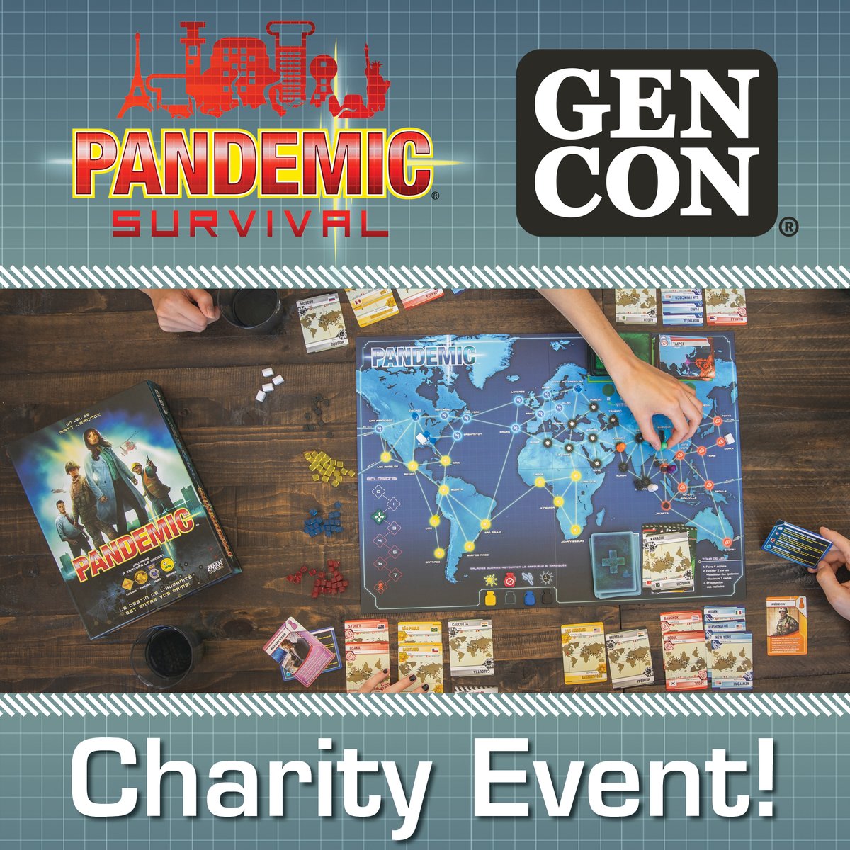 Are you a Pandemic fan trying to enjoy the game in a unique way while raising money for a good cause? Join us at Gen Con for a charity Pandemic Survival event on Friday at 7pm! Sign up at gencon.com/events/256391
All tournament entries will be donated to Doctors Without Borders.