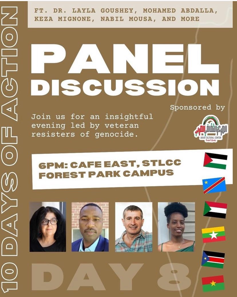ACCCSTL's tweet photo. #CoffeeRevolutionSTL has collaborated with The Arab Cultural Center #ACCCSTL for our 9th day of action.
We bring you a panal discussion with Dr. Layla Goushe, Mr. Mohamed Abdalla, Ms. Keza Mignone, Mr. Nabil Mousa & moderated by Ms. Sara Bannoura. This will be held at the STLCC https://t.co/dU9URzXCTR