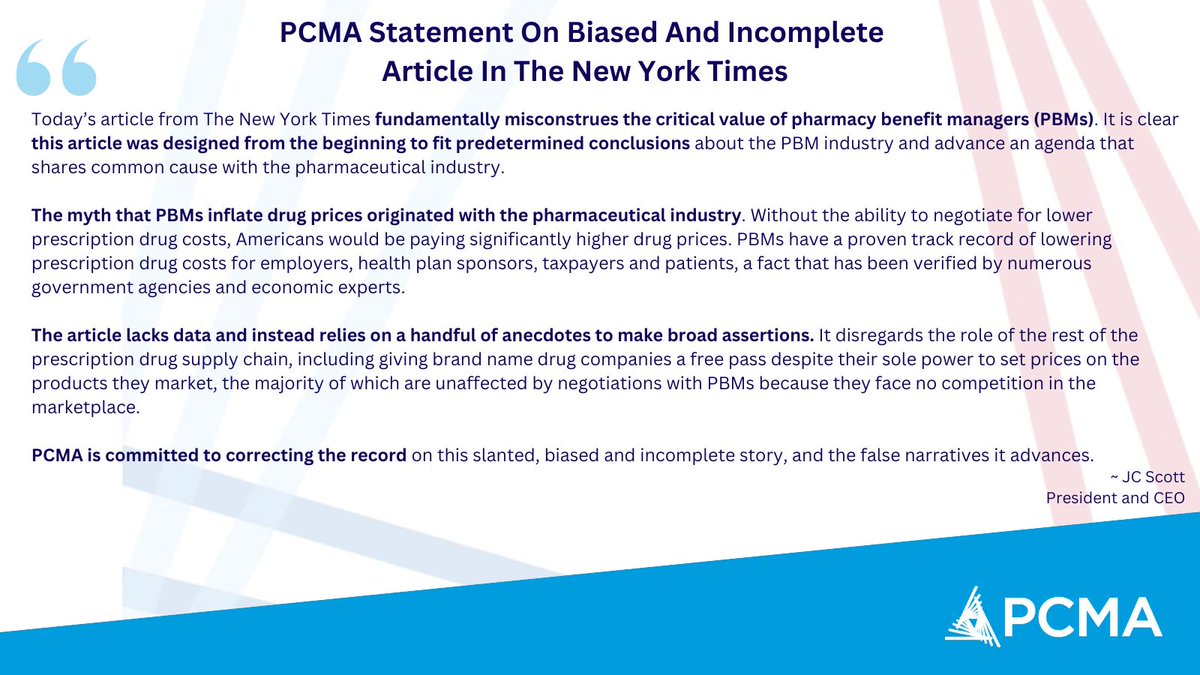 PCMA (@pcmanet) on Twitter photo PCMA statement on today's <a href="/nytimes/">The New York Times</a> article on #PBMs. pcmanet.org/press-releases… PCMA statement on today's <a href="/nytimes/">The New York Times</a> article on #PBMs. pcmanet.org/press-releases…