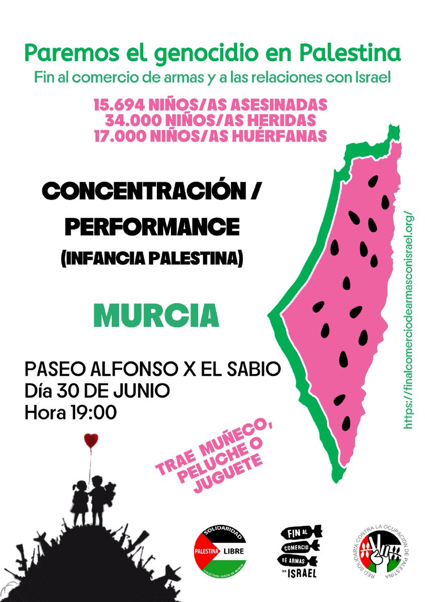 🇵🇸 6 JORNADA DE MOVILIZACIÓN ESTATAL 

Concentración-Performance 

 📆domingo 30 de junio
 🕥19:00 horas 
📌  Paseo Alfonso X el Sabio

¡Paremos el genocido en Palestina!  ¡Fin al comercio de armas y las relacciones con Israel!
 
#freepalestine