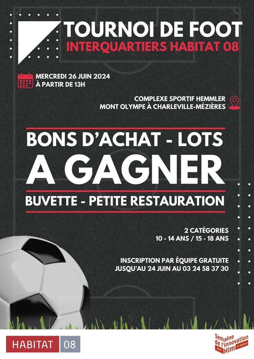 ⚽ Dans le cadre de la semaine de l'innovation HLM dédiée cette année au sport, HABITAT 08 organise un tournoi de foot interquartiers le mercredi 26 juin 2024 à partir de 13h
🏟️Le tournoi aura lieu au complexe sportif Hemmler, au Mont Olympe à Charleville-Mézières.

<a href="/UnionHlm/">UnionHlm</a>