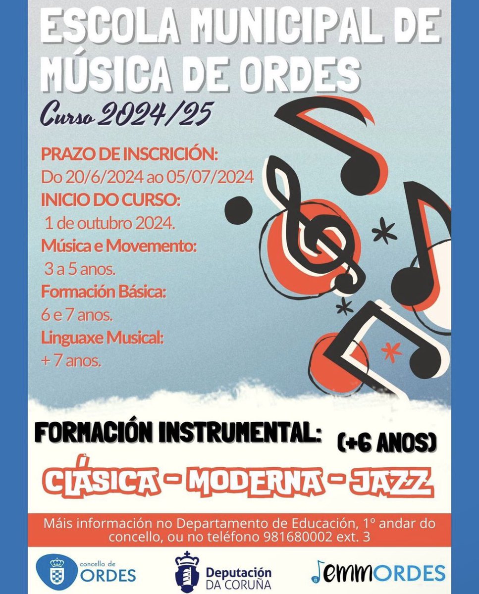 🎶 Atención, músicos! 🎶

📅 Aberto o prazo de inscrición para a Escola Municipal de Música. Máis información na ligazón seguinte: instagram.com/p/C8b61nkq0DZ/…

🖥️ Prazo de inscrición: até o 5 de xullo
