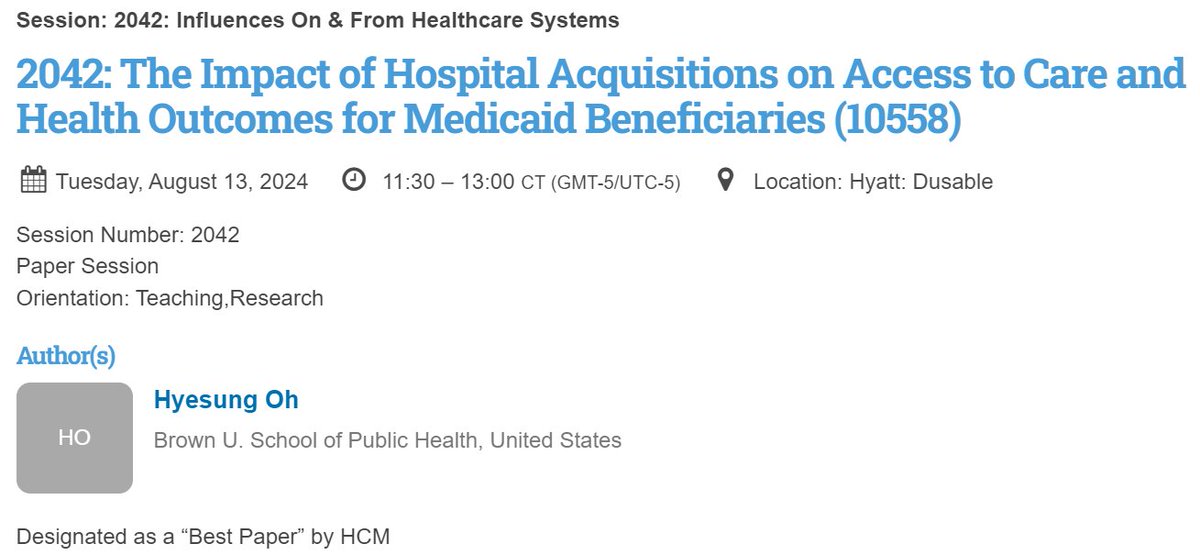 BrownHSPP's tweet photo. Hyesung Oh's second dissertation chapter, "The Impact of hospital acquisitions on access to care and health outcomes for Medicaid beneficiaries," was awarded a "Best Paper" designation by the Academy of Management's Healthcare Management Division for the AOM Annual Meeting! https://t.co/q55Ug69CQP