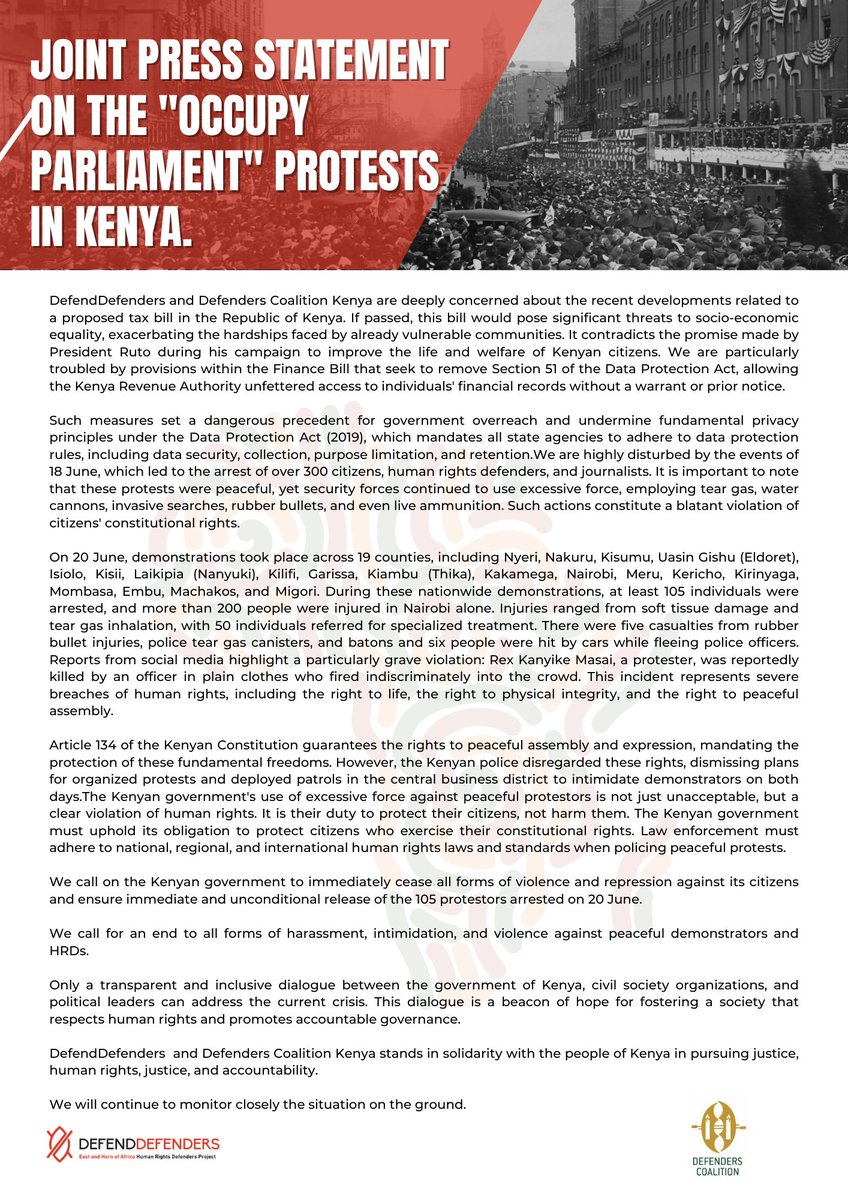 DefendDefenders together with <a href="/DefendersKE/">@Defenders Coalition 🇰🇪</a>  are deeply concerned about the #occupyparliament protests in Kenya. The violent crackdown on peaceful protestors violates national , regional, and international human rights standards.

#RejectFinanceBill2024 #OccupyParliment