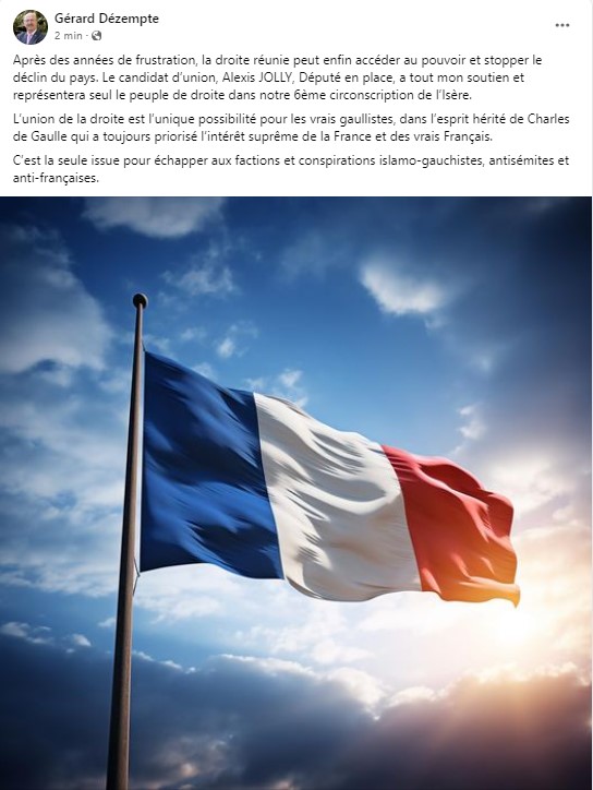 GDezempte's tweet photo. Après des années de frustration, la droite réunie peut enfin accéder au pouvoir et stopper le déclin du pays. 

Le candidat d’union, @alexisjollyrn , Député en place, a tout mon soutien et représentera seul le peuple de droite dans notre 6ème circonscription de l’Isère. https://t.co/1a3UgofdBQ