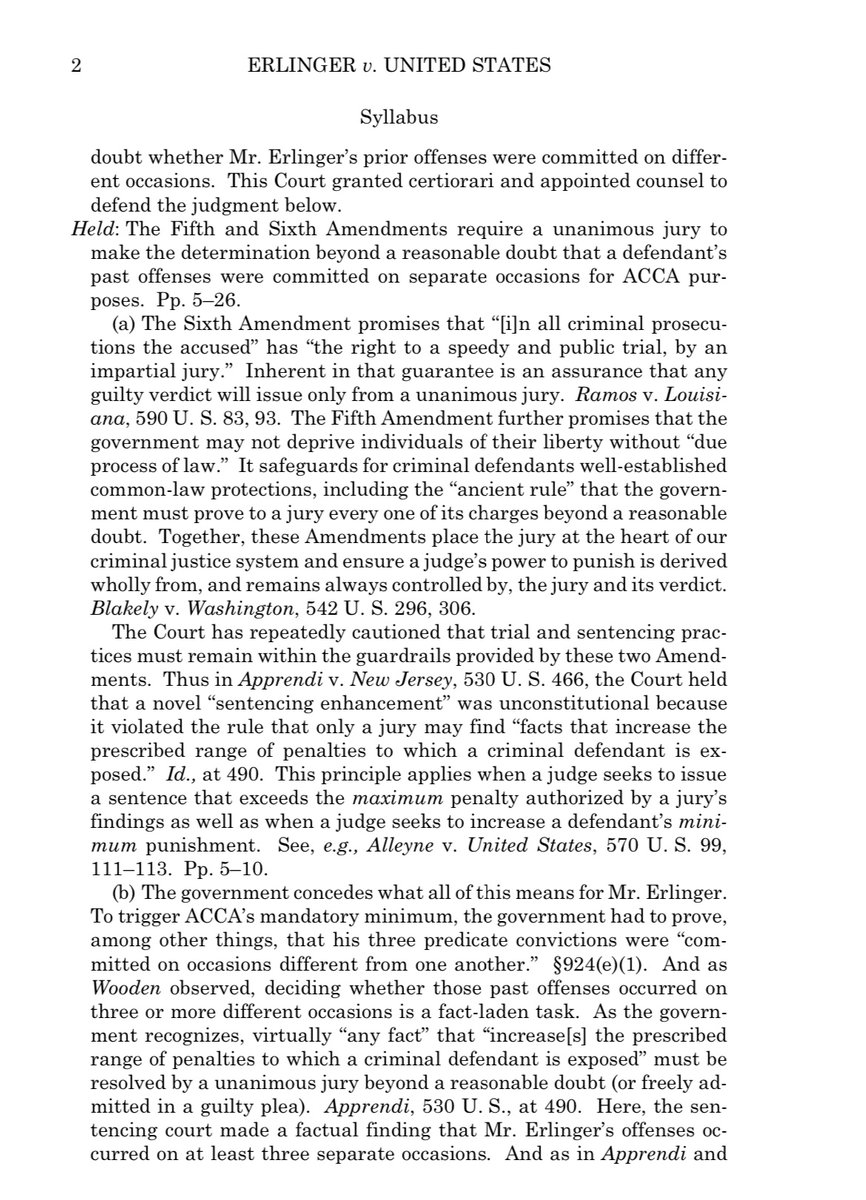 seanmdav's tweet photo. In 6-3 decision issued today, the Supreme Court ruled that 1) a jury must be unanimous in its findings on criminal convictions, and 2) sentencing enhancements cannot be arbitrarily implemented by judicial fiat. 

The ruling and the rhetoric in the opinion have obvious implications for both the illegal Bragg witch trial against Trump in New York City and the bogus J6 1512(c) charges and sentencing enhancements that corrupt federal judges have announced they will implement if the Supreme Court nukes 1512(c).