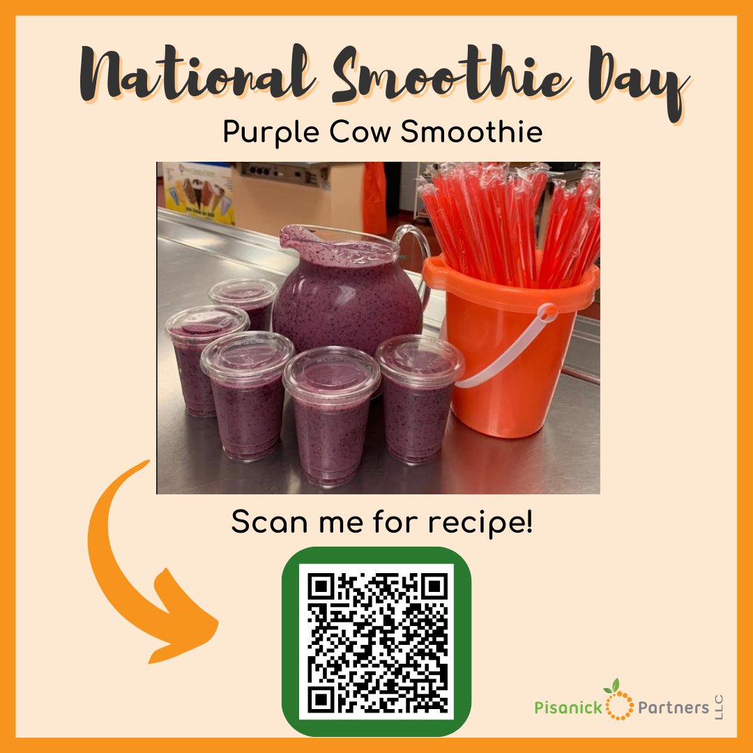 #NationalSmoothieDay celebrates this refreshing beverage that uses #fruitsandvegetables available in summer. Can also be made year around with frozen fruits. Need a smoothie recipe? Our recipe database has fresh, frozen, and blenderless options. #schoolnutrition #PisanickPartners