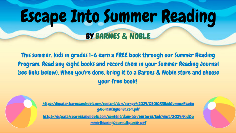 FREE BOOK ALERT !!!
Check out the Barnes &amp; Noble Summer Reading Program.
Summer Reading journals are available in any Barnes &amp; Noble store and online at BN.com.