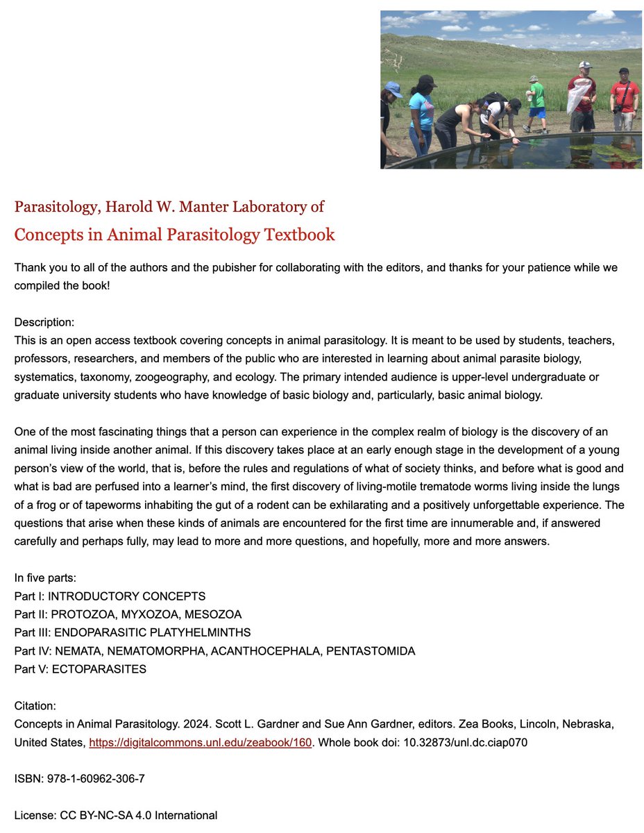 AmSocParasit's tweet photo. Scott &amp; Sue Gardner have edited a FREE parasitology textbook: https://t.co/ndcfYNE5e5

More info: "This is an open access textbook covering concepts in animal parasitology. It is meant to be used by students, teachers, professors, researchers, and members of the public who 1/2 https://t.co/aIhh2YVLQW