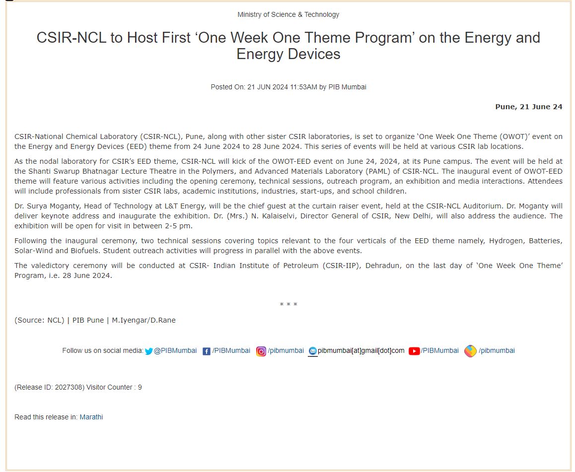 csir_ncl's tweet photo. CSIR-NCL to host 'One Week One Theme' program on Energy and Energy Devices

@CSIR_IND
@AshishLele3467 @dgcsirIndia @DrJitendraSingh @mnreindia @MinOfPower @PIBMumbai
 #Pune #CSIRNCL #Energy #EnergyDevices #OneWeekOneTheme https://t.co/3YCm4oD2R7