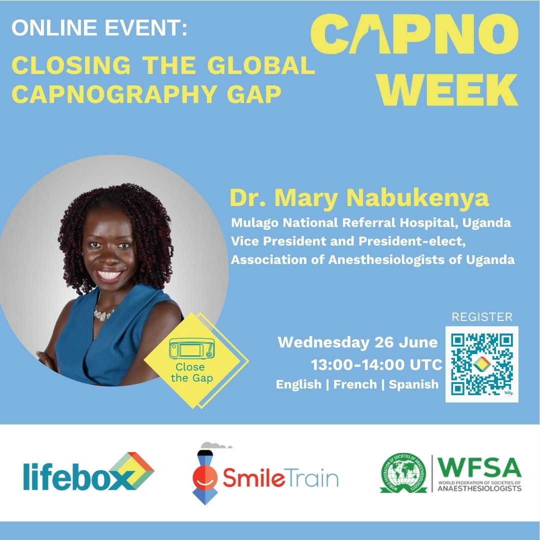 SaferSurgery's tweet photo. Introducing panelist @Nabukenya8 of @HospitalMulago, @Makerere and President-elect of @AnesthesiaUg
‘Closing the Global #Capnography Gap’ online event is hosted by #Lifebox @SmileTrain & @wfsaorg
Register ➡️ https://t.co/Ss6V6vm2bS
#CloseTheCapnoGap #SaferAnesthesia #CapnoWeek https://t.co/zbz0AsBhqe