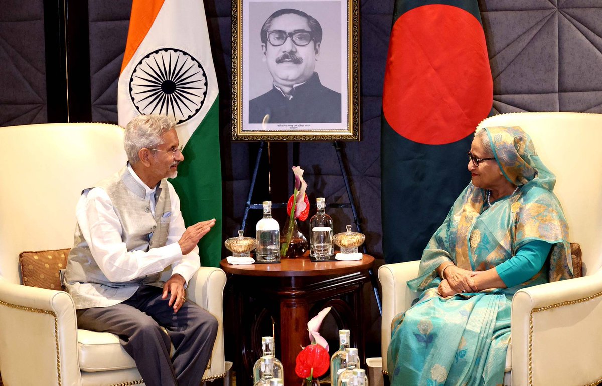 Prime Minister Sheikh Hasina has met the Minister of External Affairs of India <a href="/DrSJaishankar/">Dr. S. Jaishankar</a> today at the Taj Palace in #Delhi. PM Hasina is now in India for a two-day visit at the invitation of <a href="/narendramodi/">Narendra Modi</a>. 
<a href="/MEAIndia/">Randhir Jaiswal</a> <a href="/PMOIndia/">PMO India</a> <a href="/BDMOFA/">Ministry of Foreign Affairs</a>