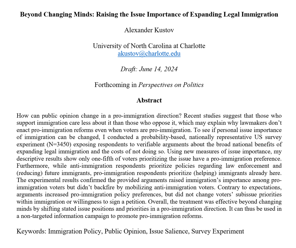 Persuasion efforts to make people like immigration won't be effective if  they don't care about the issue In my upcoming @PoPpublicsphere paper, I  show that only 20% of voters who care about, image size:1200x1006