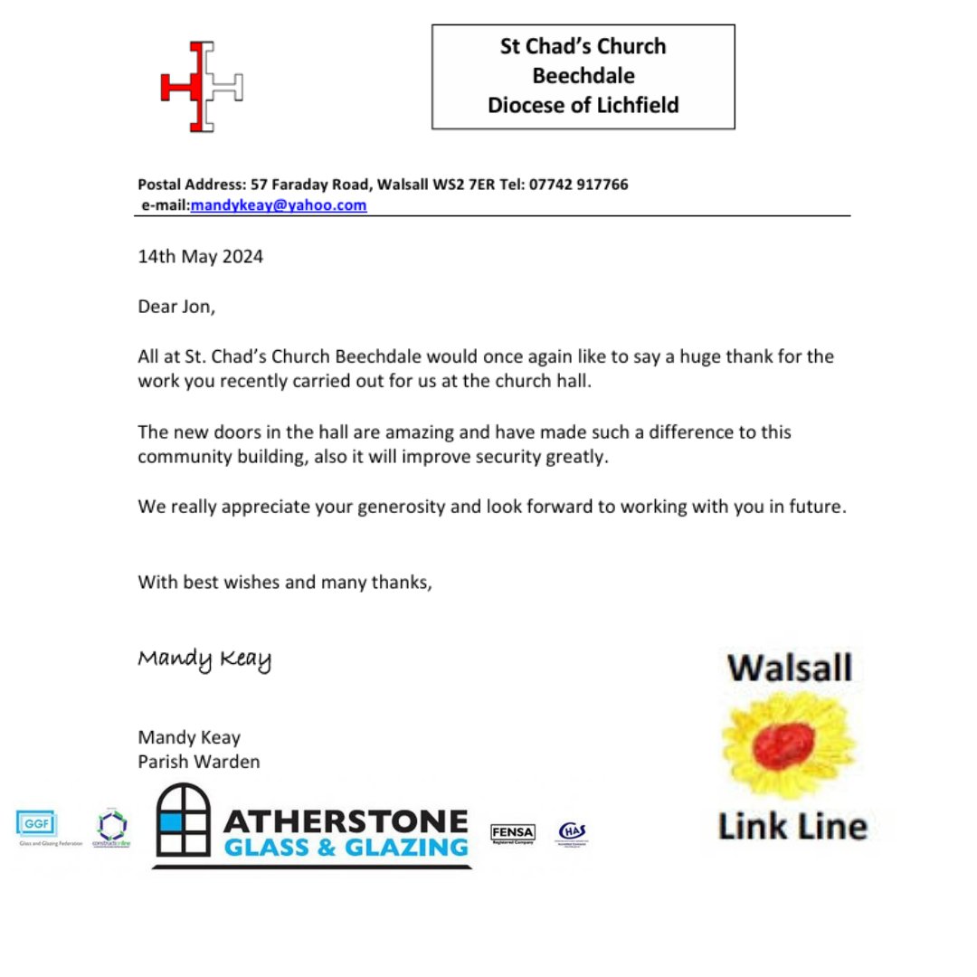 #FeedbackFriday Thank you to our supply chain partner <a href="/AtherstoneGlass/">Atherstone Glass</a> for helping us upgrade the doors of St Chads Church on behalf of the amazing The Walsall Link Line charity which supports over 600 people and their families in the #Walsall region living with dementia.