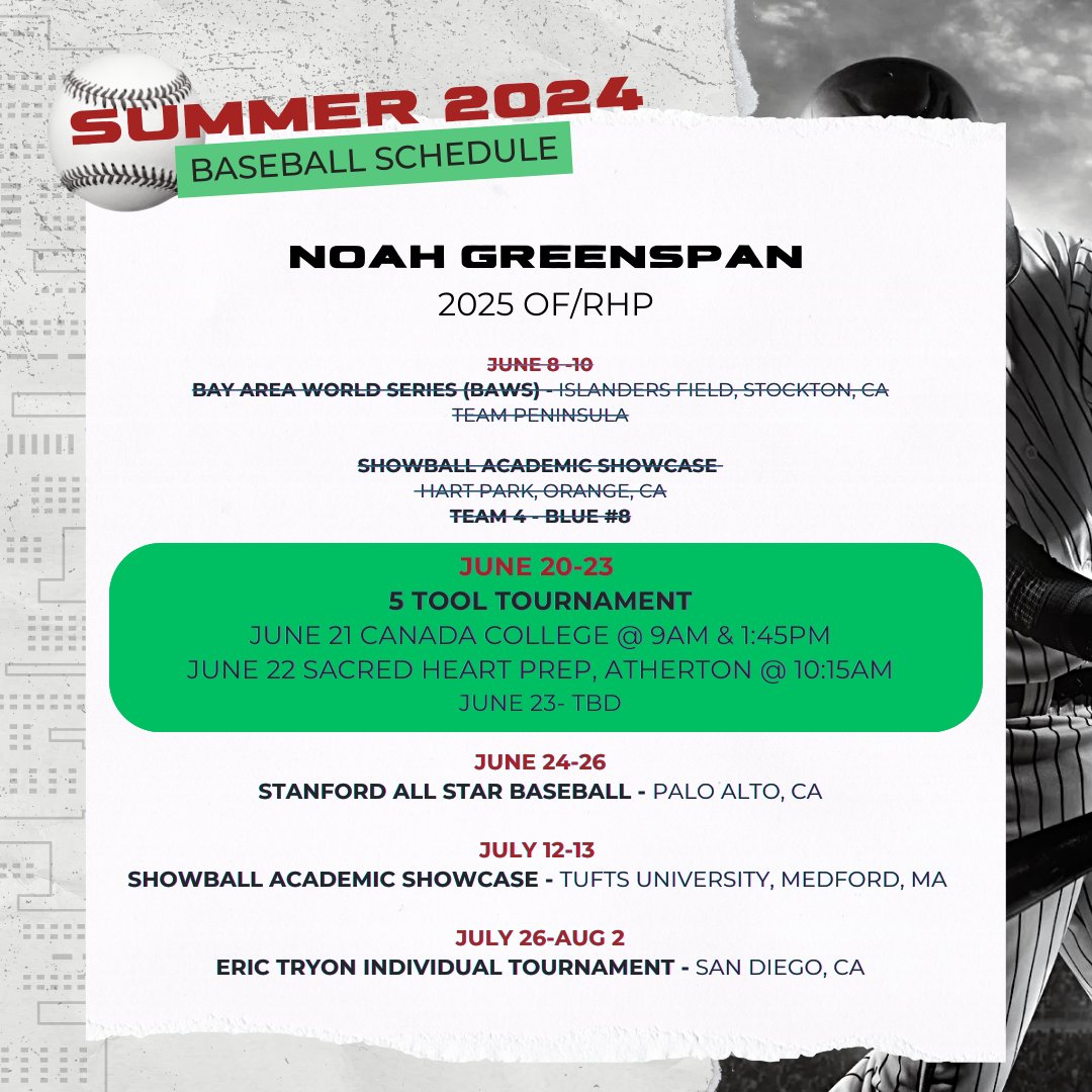 Noah Greenspan (@noahgreenspan) on Twitter photo Hitting the field shortly for the <a href="/FiveToolCA/">Five Tool California</a> tournament. Game one start time is at 9am @ Canada College. June is flying by! <a href="/CalClubBaseball/">Calif. Club Baseball</a> Hitting the field shortly for the <a href="/FiveToolCA/">Five Tool California</a> tournament. Game one start time is at 9am @ Canada College. June is flying by! <a href="/CalClubBaseball/">Calif. Club Baseball</a>