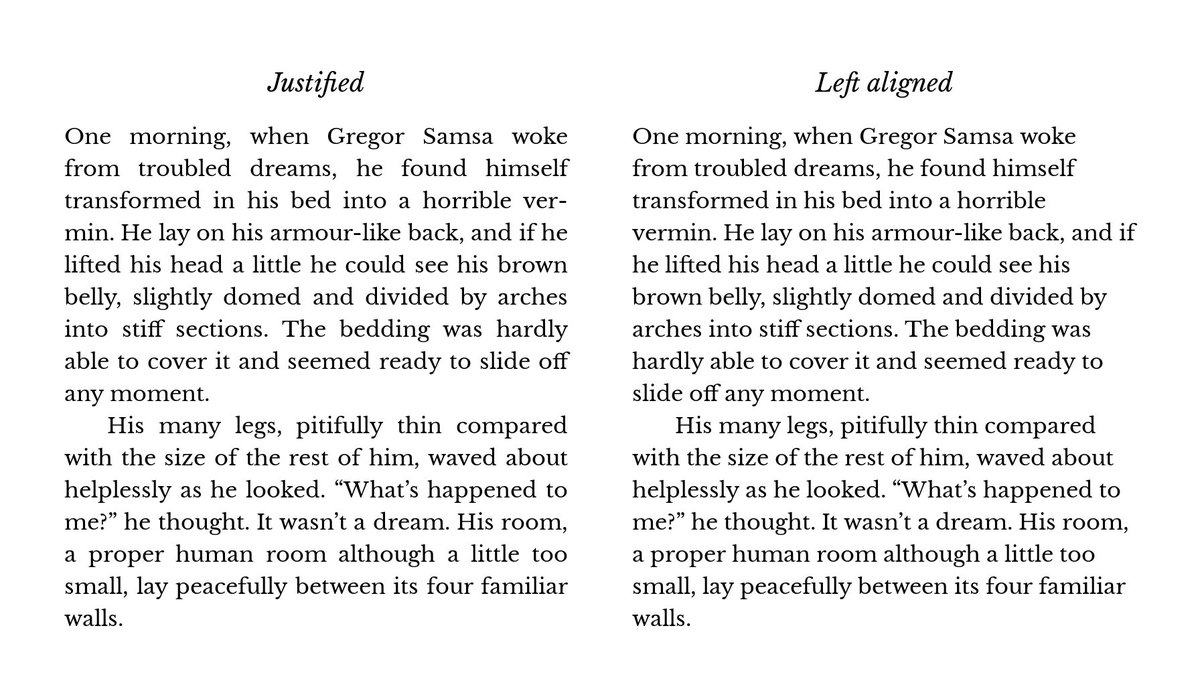 Low-hanging typographic fruit to improve a lot of technical writing: do *not* justify text.

Justified text is only useful when you have multiple columns of text which are very close to one another (like in a traditional newspaper.)

Justified text is harder to read because the