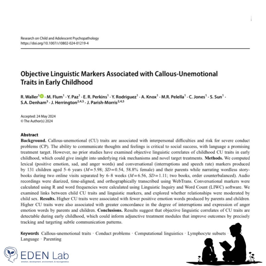 EDENLabUPenn's tweet image. New insights into the link between parent-child conversational patterns and child CU traits come from the EDEN lab's most recent paper published with our wonderful CHOP collaborators, Dr. Julia Parish-Morris & Dr. John Harrington @CARautism @PennMedicine
link.springer.com/article/10.100…📚