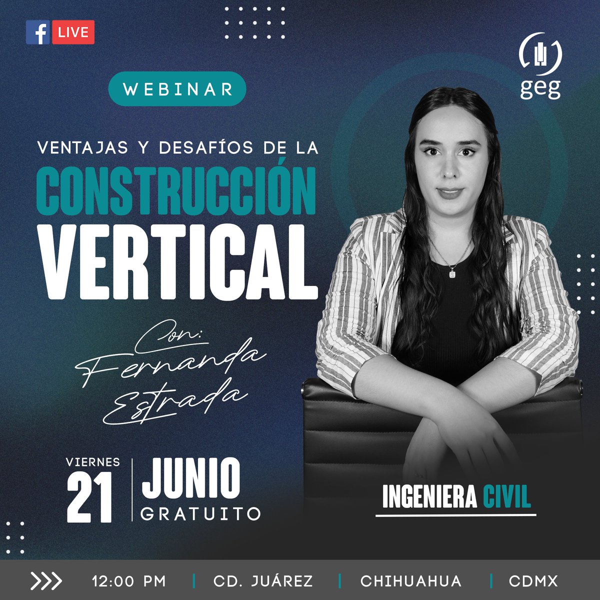 No te pierdas hoy 21 de junio nuestro webinar sobre Ventajas y Desafíos de la Construcción Vertical con la especialista Fernanda Estrada, Ingeniera Civil, parte del equipo de Global Engineering Group.
Hora: 12:00 pm 
facebook.com/events/8465194…
#Construcción #ConstrucciónVertical
