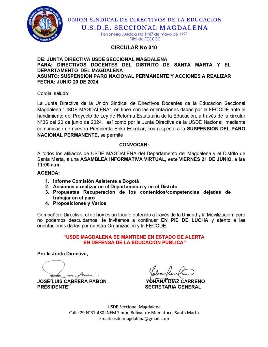 UsdeMAG_Informa's tweet photo. CIRCULAR 010 de 2024
🔵 Nuestra Junta Directiva Seccional invita a la ASAMBLEA INFORMATIVA (virtual) donde se explicará todo lo relacionado al levantamiento del #ParoPorLaEducación liderado por @fecode

🗓️HOY, 21 de JUN
🕚11:00 a.m.
💻 Link de acceso 👇
https://t.co/5IQtpImW5r https://t.co/gDnHHUvRPk