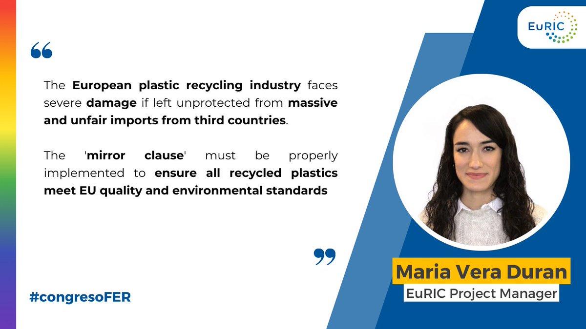 Lessons learned from the #PPWR &amp; #SUPD💡<a href="/mavedu/">María Vera</a>, EuRIC's Project Manager, delved into the verification &amp; certification of recycled content during a workshop on 18 June at the 21st National Congress on Recovery and Recycling organised by <a href="/reciclajeFER/">FER</a> ♻️